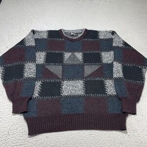 Vintage Impact Sweater Mens Large Multicolor Geometric Leather Trim Knit 90s